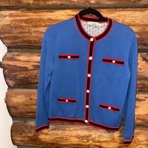 💙NWT S Tory Burch Merino Wool Blue Knit Cardigan with Red & Black Trim